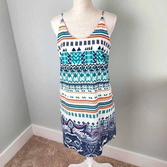 JOY JOY WOMEN'S PULL OVER SPAGETTI STRAPS AZTEC PRINT LINED DRESS SIZE SMALL - Picture 1 of 6